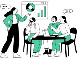 an ESG expert helping clients to understand the complexities of improving sustainability goals over a round table discussion using charts and her sustainability oriented communication skills